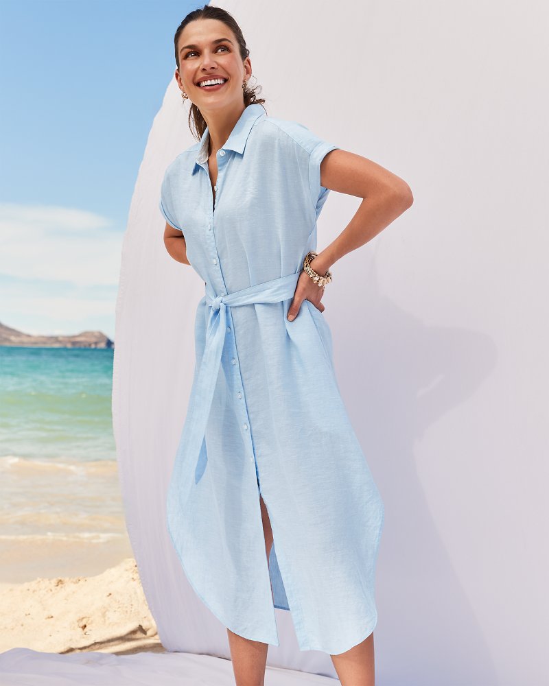Women's Summer Linen White Tunic - Beach Dress with Short Sleeves - Di