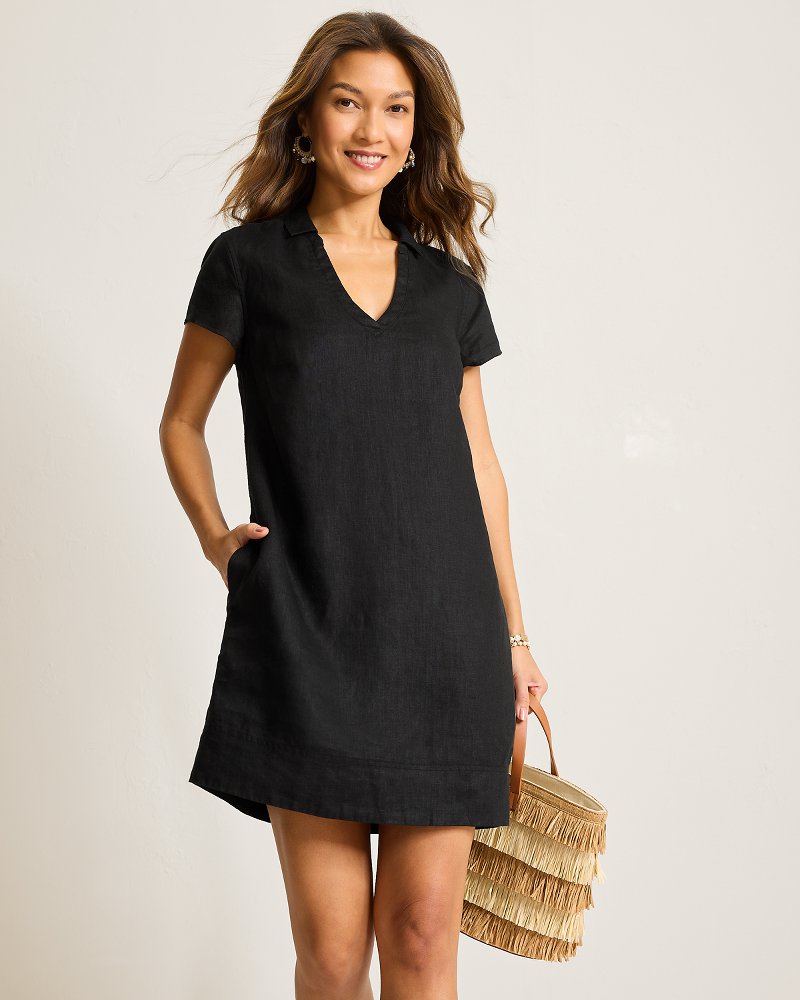 Two Palms Short Sleeve Linen Collared Dress