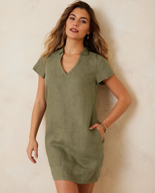 Two Palms Short-Sleeve Linen Collared Dress