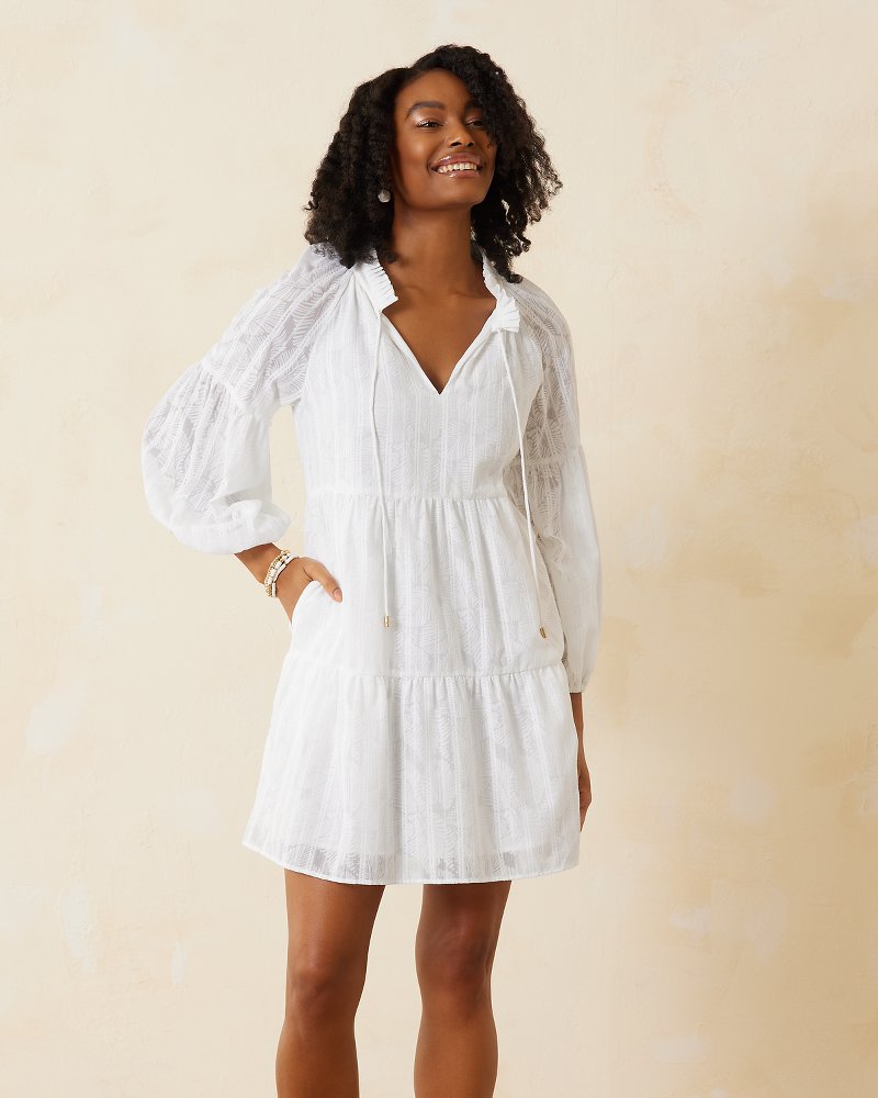 Illusion Frond Balloon-Sleeve Short Dress