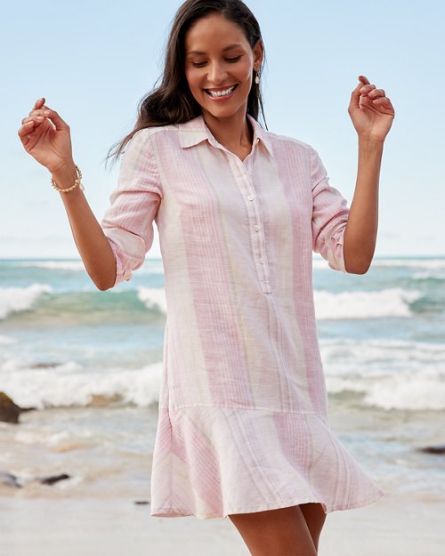 Coastalina Ocean Reverie Flounce Linen Shirt Dress