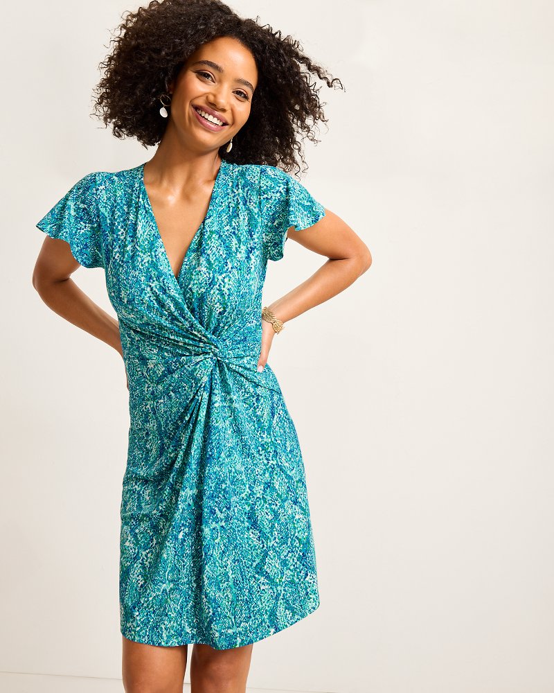 Clara Playa Python Short-Sleeve Faux-Wrap Dress