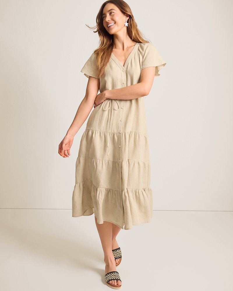 Coastalina Linen Tiered Shirt Dress