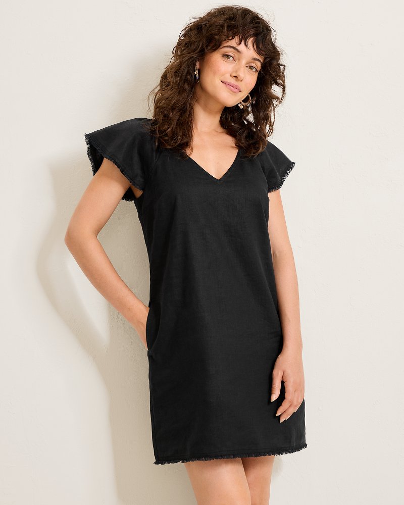 Two Palms Flutter-Sleeve Linen Shift Dress