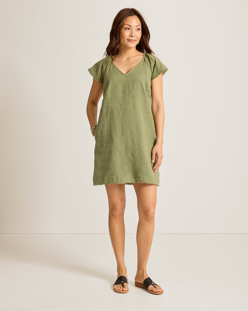 Two Palms Flutter-Sleeve Linen Shift Dress