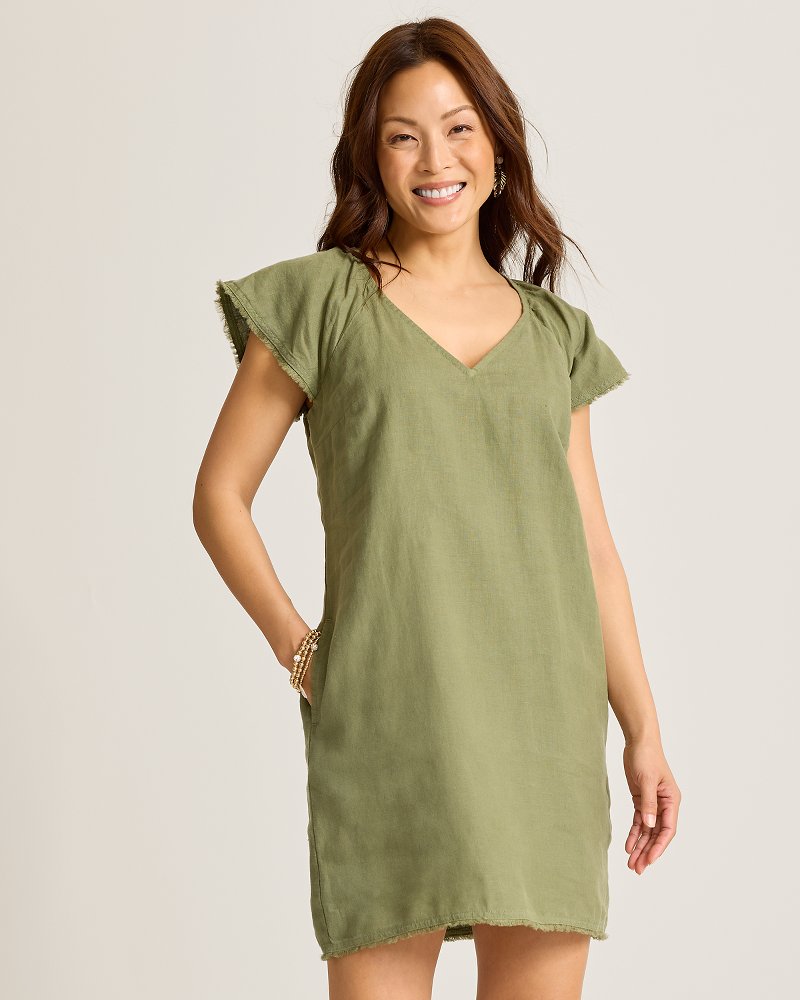 Two Palms Flutter-Sleeve Linen Shift Dress