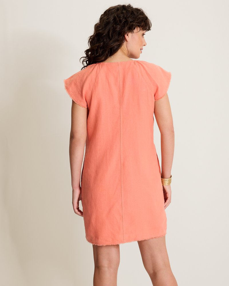 Two Palms Flutter-Sleeve Linen Shift Dress