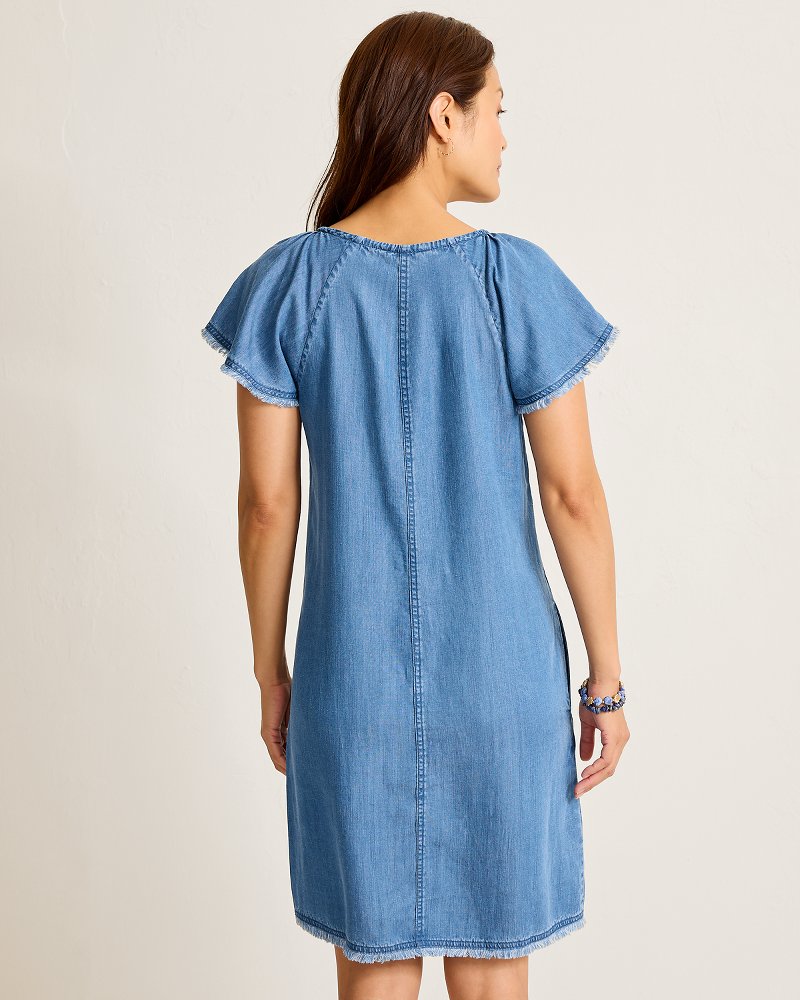 Chambray O'Lei Linen-Blend Flutter-Sleeve Shift Dress