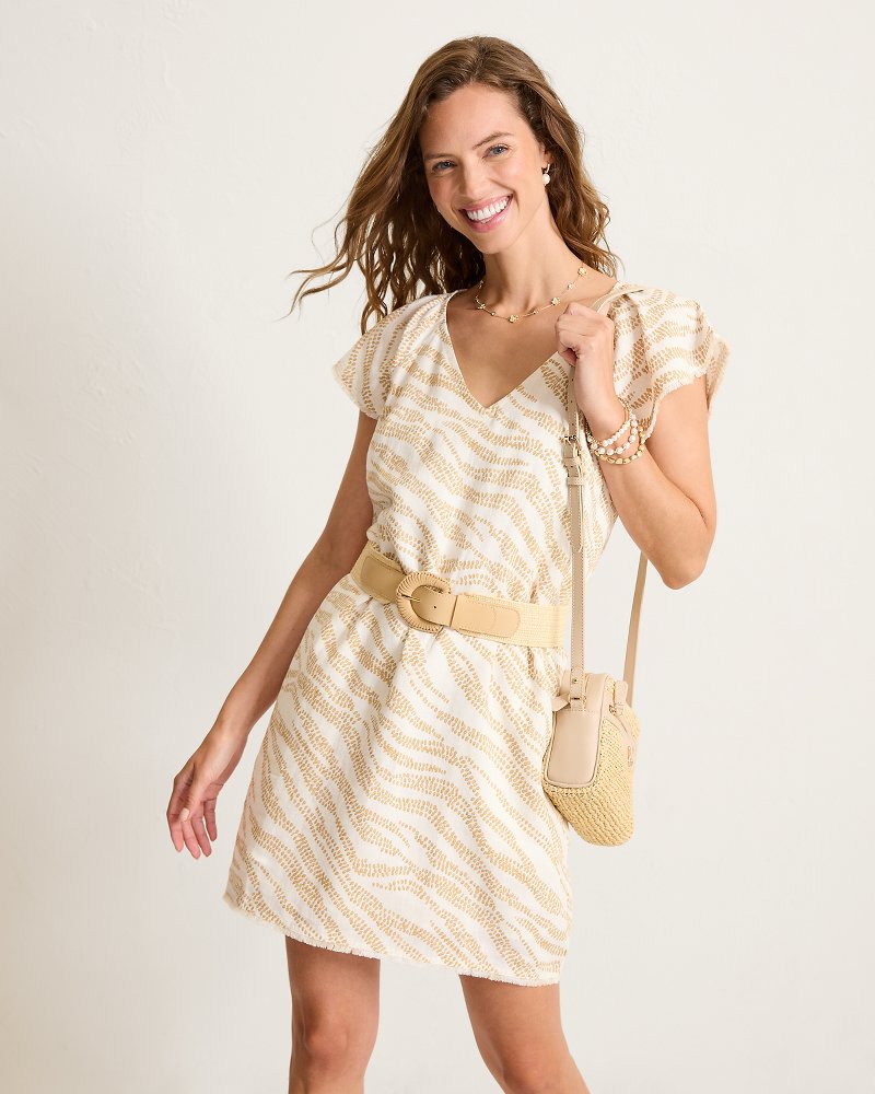 Two Palms Zebra Bay Flutter-Sleeve Linen Shift Dress