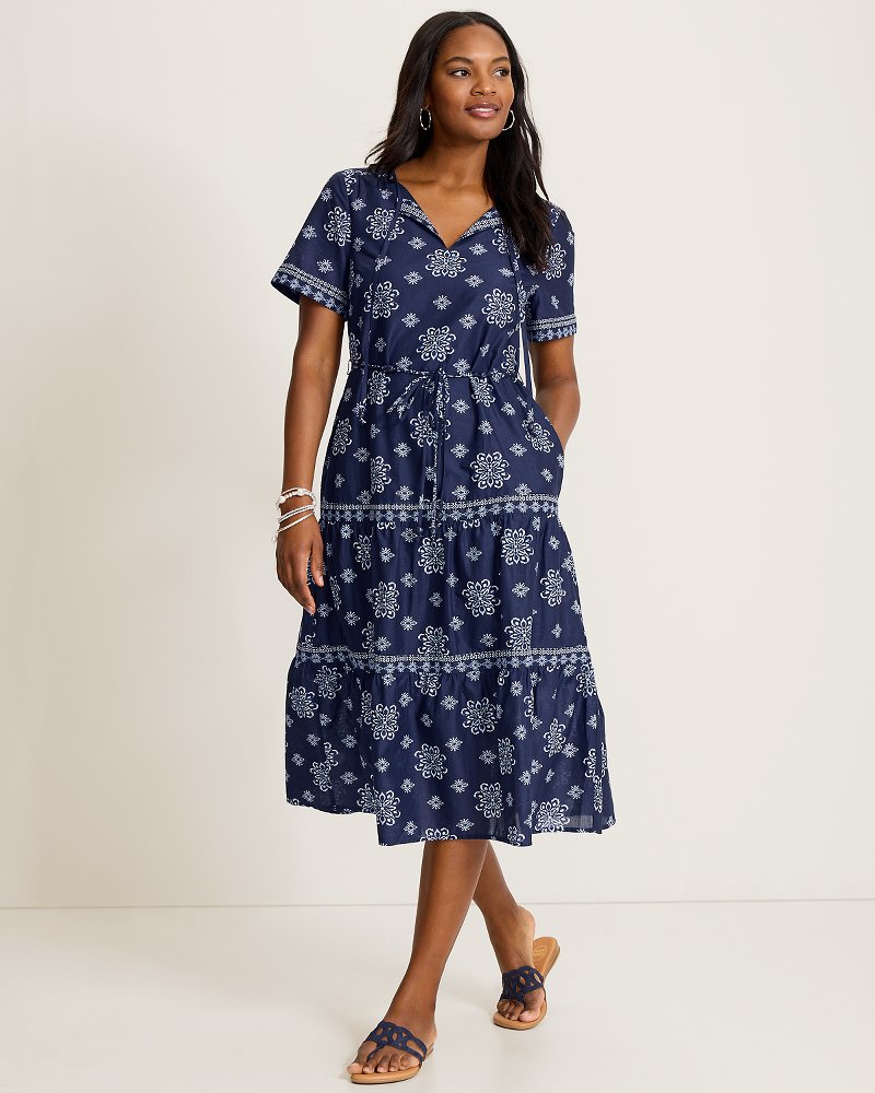 Coastal Tiles Short-Sleeve Midi Dress