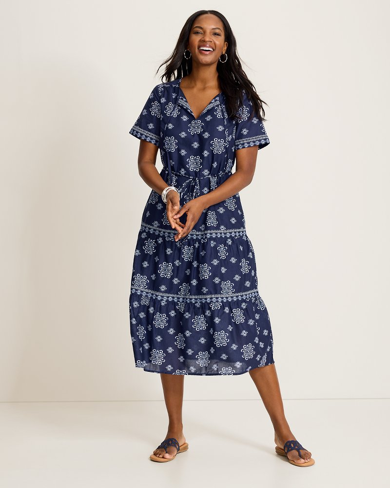 Coastal Tiles Short-Sleeve Midi Dress