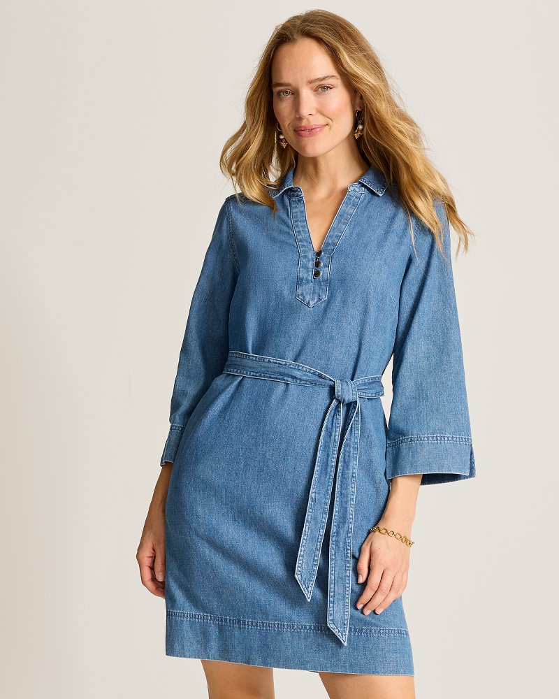 Indigo Twill Denim 3/4-Sleeve Short Dress