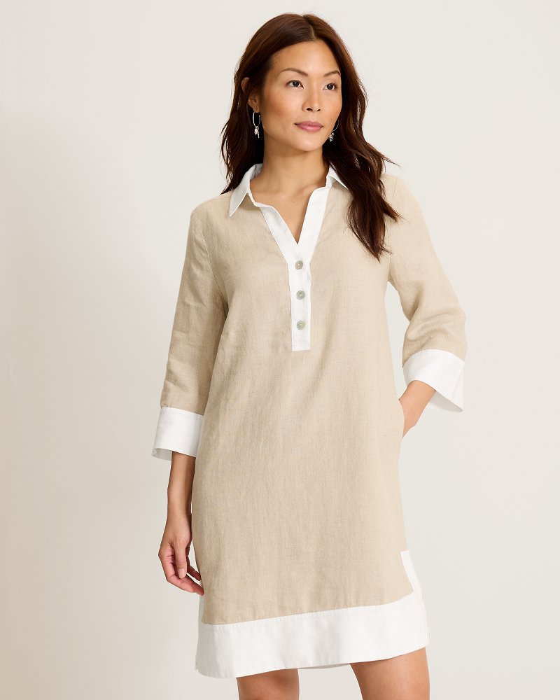 Two Palms Colorblock 3/4-Sleeve Linen Shift Dress