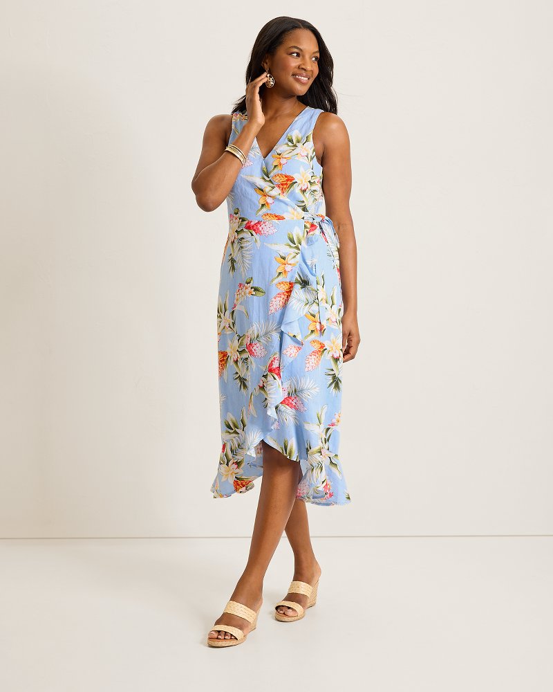 Coastalina Linen Ginger Flowers Midi Wrap Dress