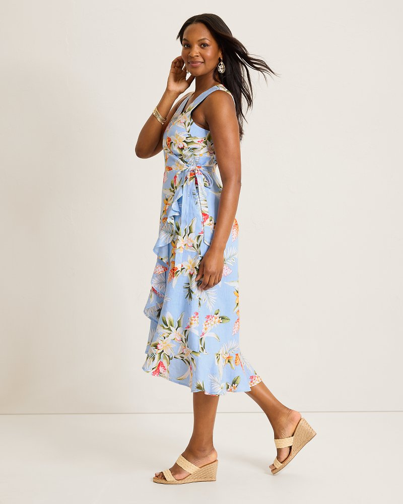 Coastalina Linen Ginger Flowers Midi Wrap Dress