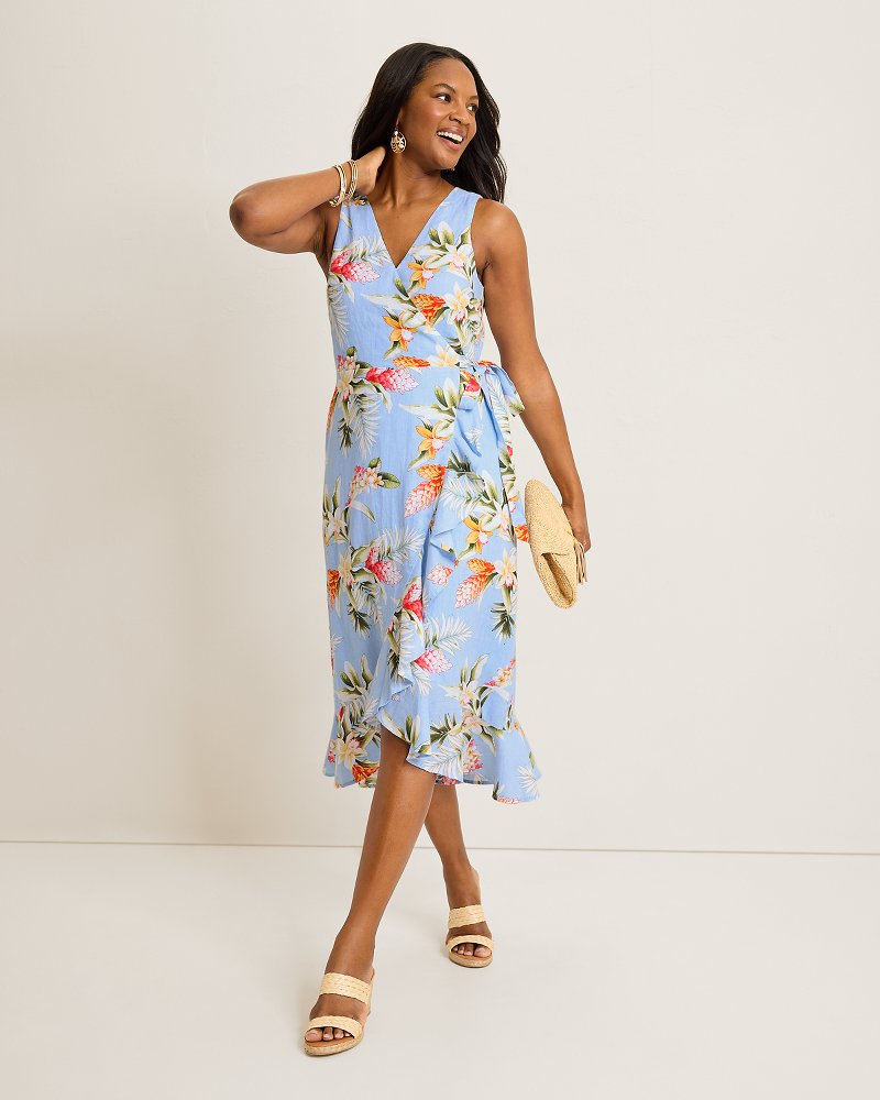 Coastalina Linen Ginger Flowers Midi Wrap Dress