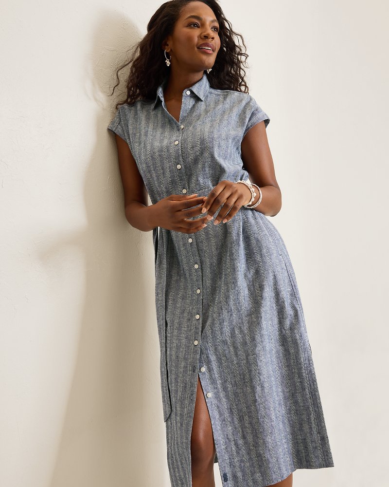 grey linen shirt dress Textured Dobby Linen-Blend Midi two screws