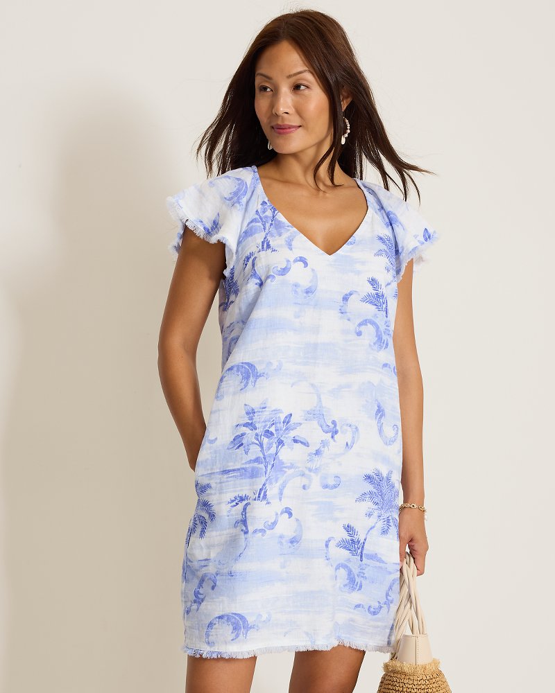 Two Palms Waveswept Palms Flutter-Sleeve Linen Shift Dress