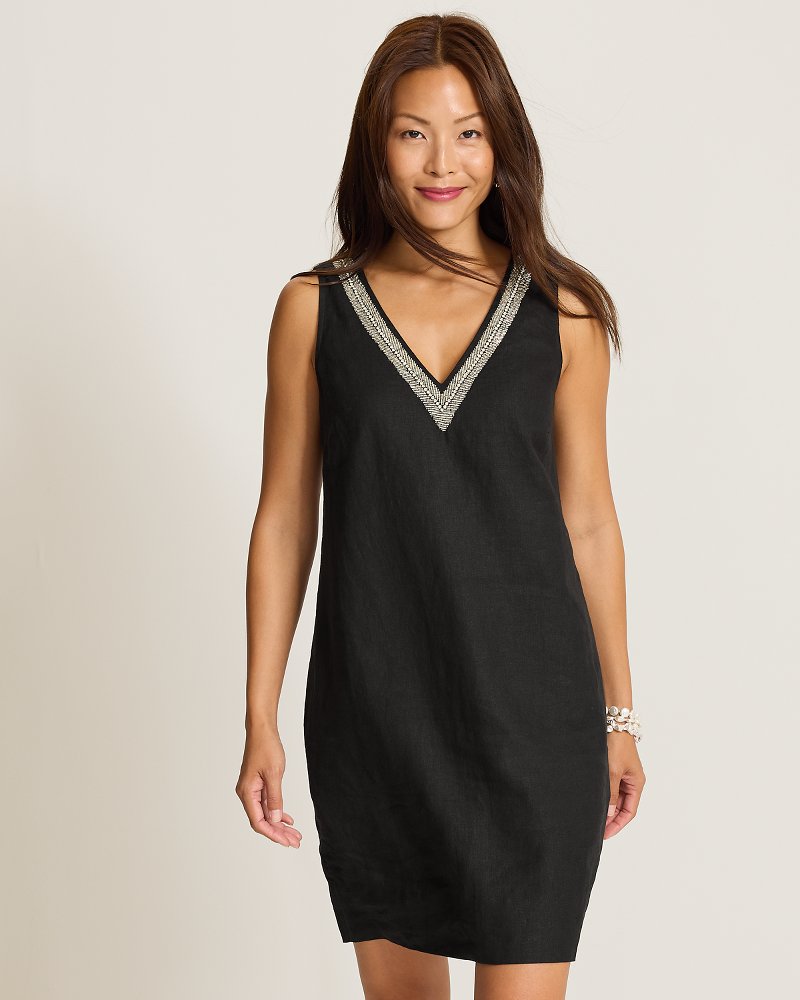 Two Palms Beaded V-Neck Linen Shift Dress
