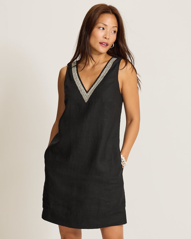 Two Palms Beaded V-Neck Linen Shift Dress