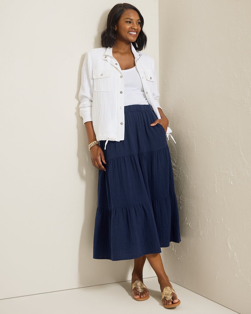 Island Gauze Tiered Midi Skirt