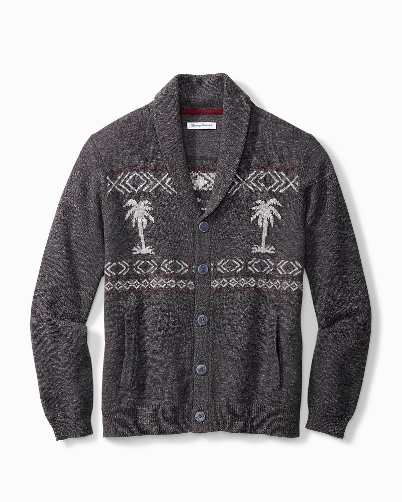 Tommy Bahama Men's Hula outlet Days Fair Isle Cardigan Palm Tree Gray Cotton Wool Sz XL