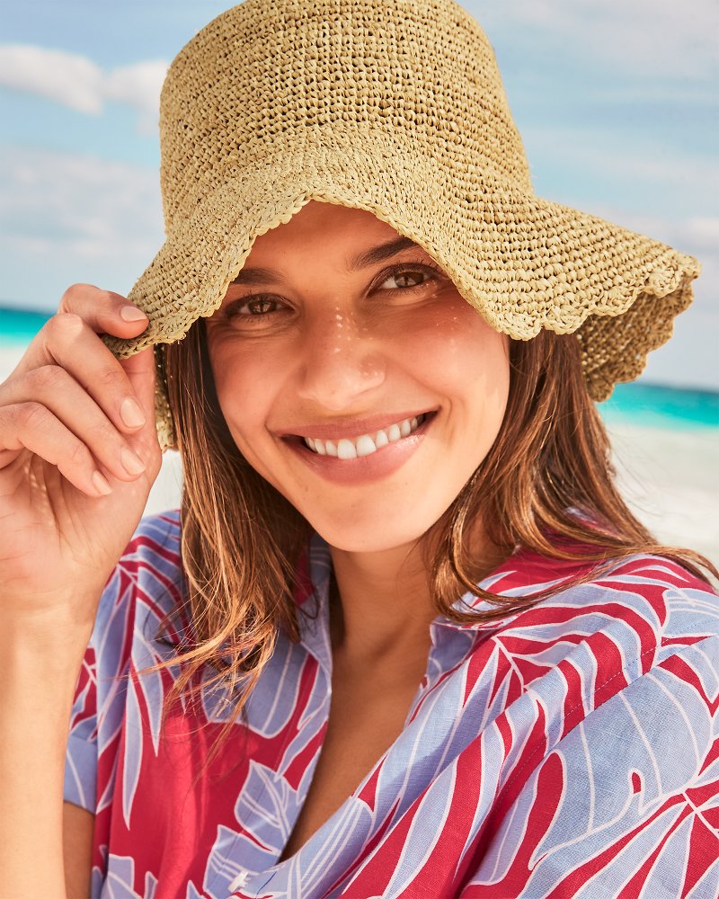 Striped Raffia Straw Packable Bucket Hat Sea Blue