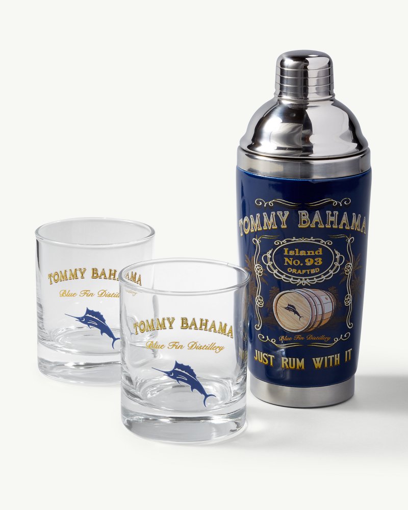 Tommy Bahama Cocktail Set Shaker & 2 Glasses Thirst Responders