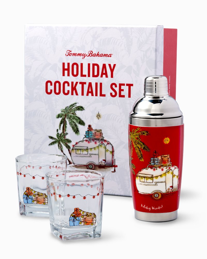 Tommy Bahama Cocktail Set Shaker & 2 Glasses Thirst Responders