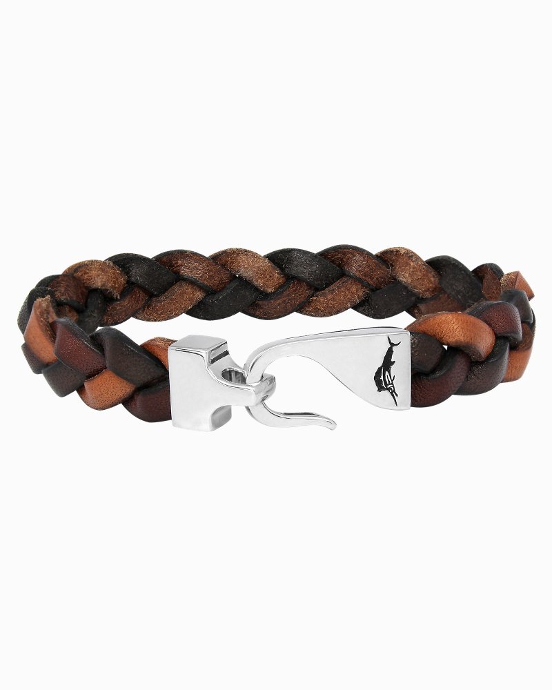 Braided Leather Wrap Fish Hook Bracelet, Mens Braided Bracelet