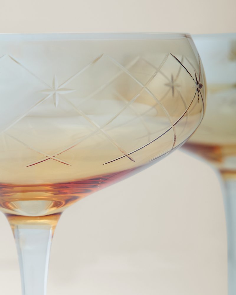 Audrey Hand-Etched Amber Coupe Glasses - Set of 2