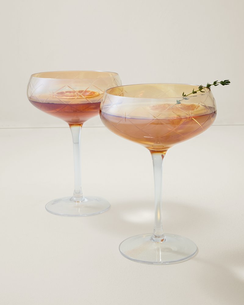 Audrey Hand-Etched Amber Coupe Glasses - Set of 2