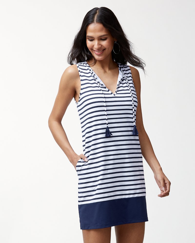 SABA striped dress 8 navy blue white invisible pockets zip thick shift  short