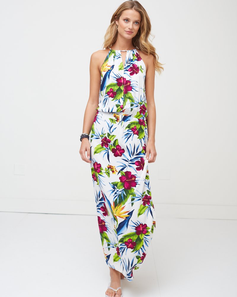 Happy Hibiscus High-Neck Elastic-Waist Maxi Dress