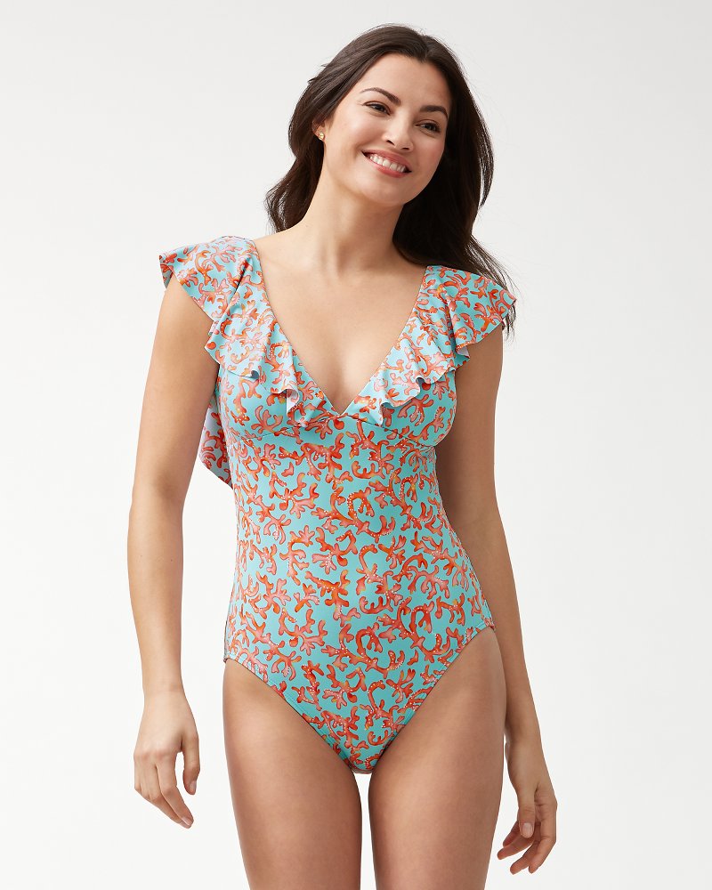 Coral Cabana V-Neck Flounce One-Piece Swimsuit