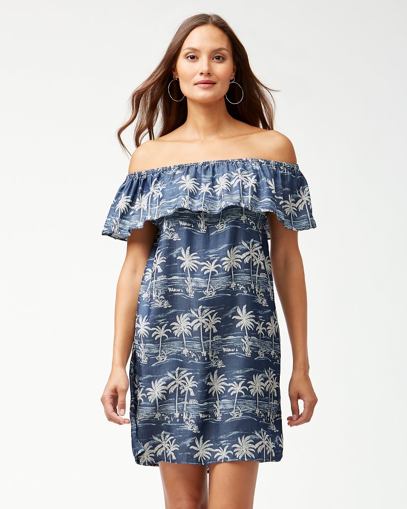 Chambray Off The Shoulder Ruffle Dress