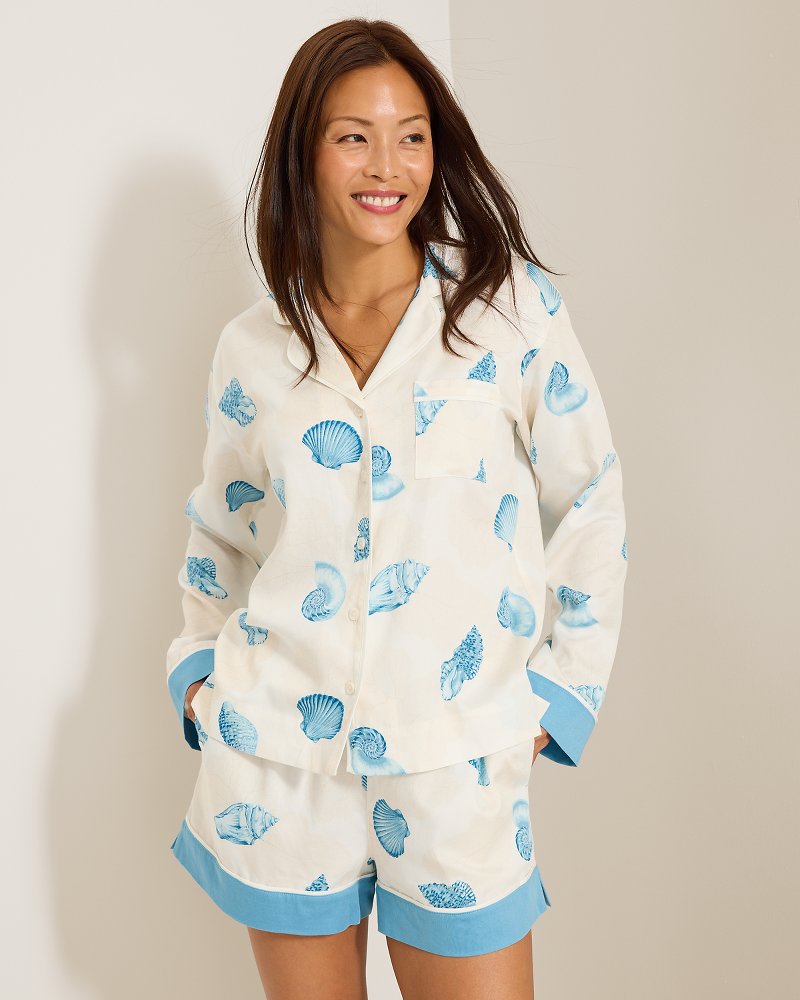 Woven Sateen Long-Sleeve Top & Shorts Pajama Set