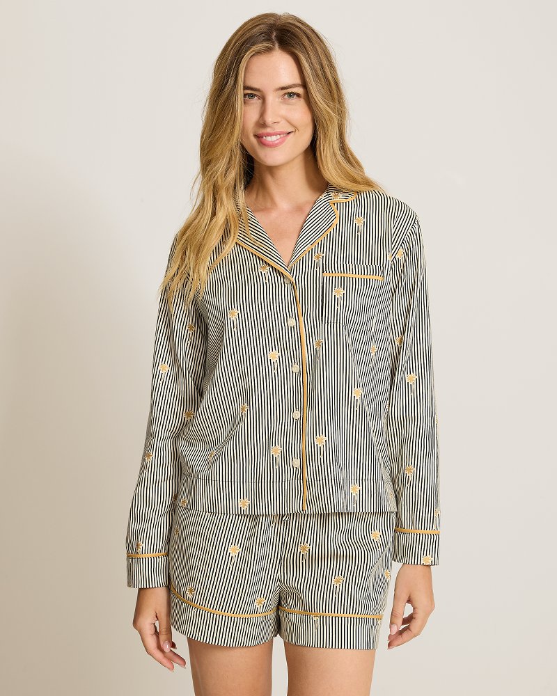 Woven Sateen Long-Sleeve Top & Shorts Pajama Set