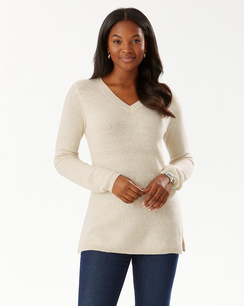 Serena Deep V-Neck Shimmer Tunic Sweater