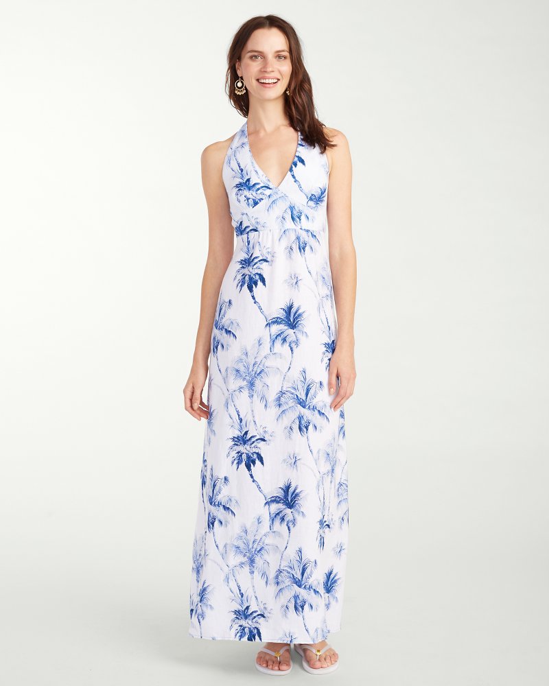 Art of Palms Linen Halter Maxi Dress