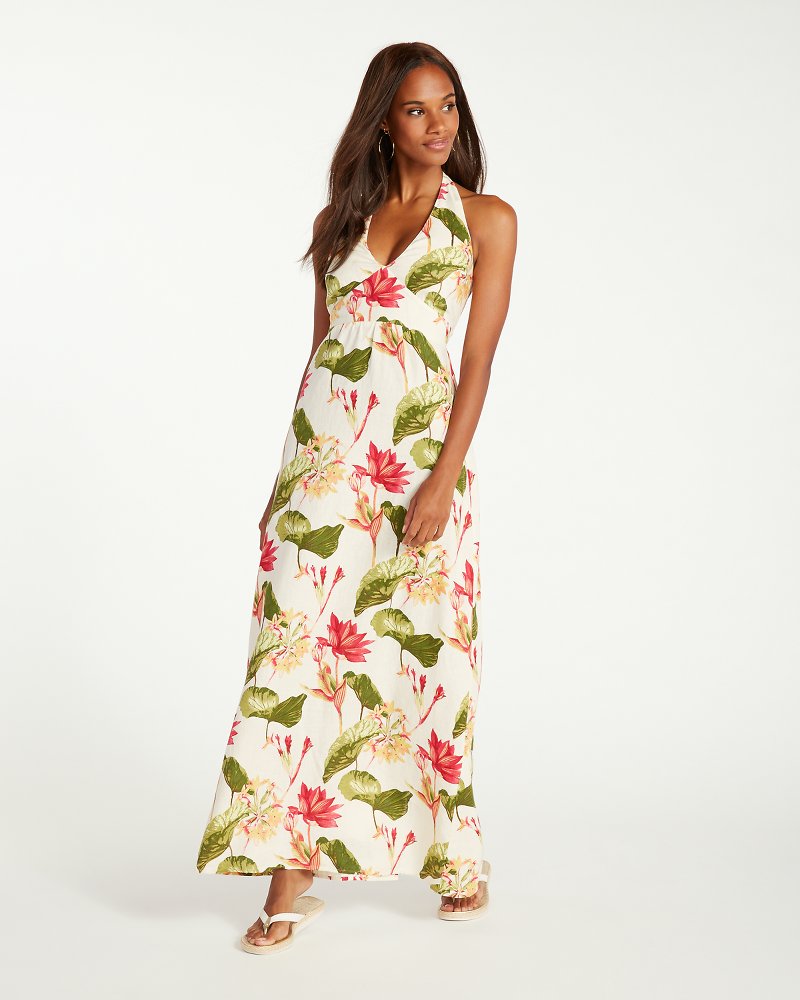 Tropical Lilies Linen Halter Dress