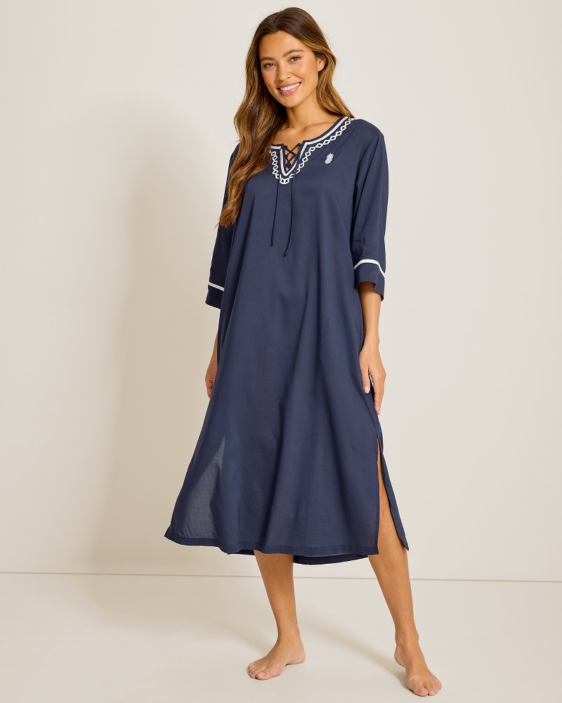 Woven 3/4-Sleeve Maxi Sleep Caftan