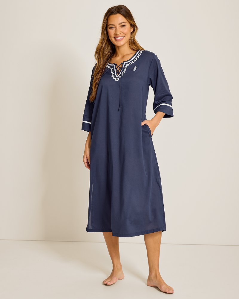 Woven 3/4-Sleeve Maxi Sleep Caftan