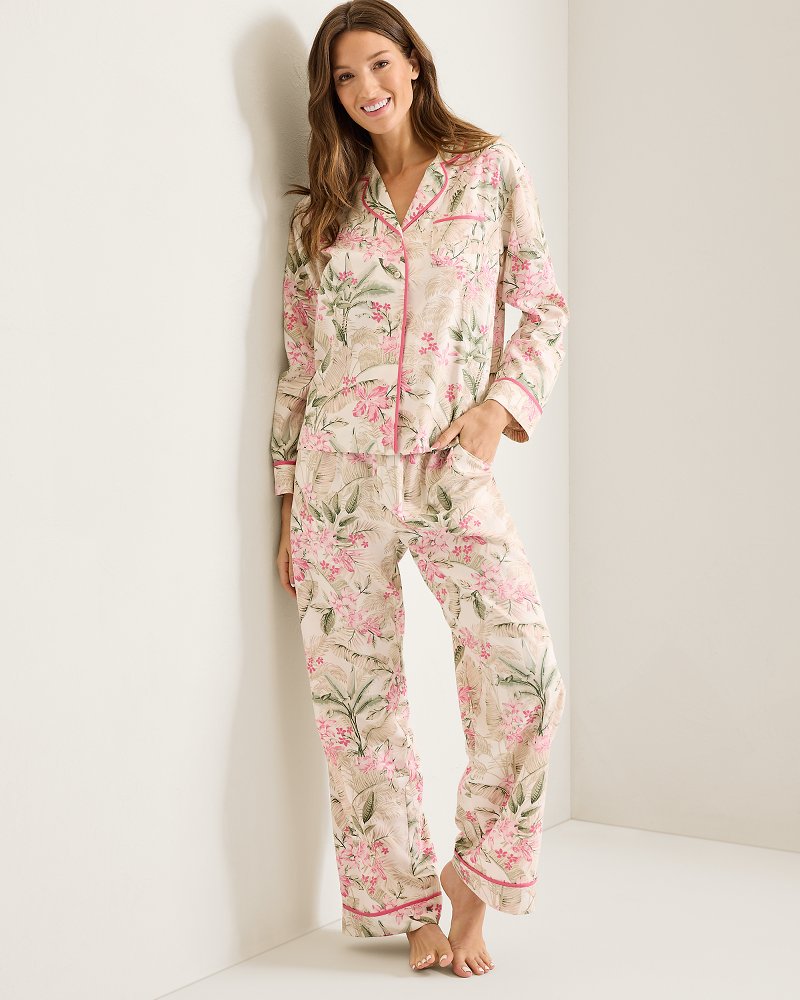 Woven Sateen Long-Sleeve Top and Pants Pajama Set