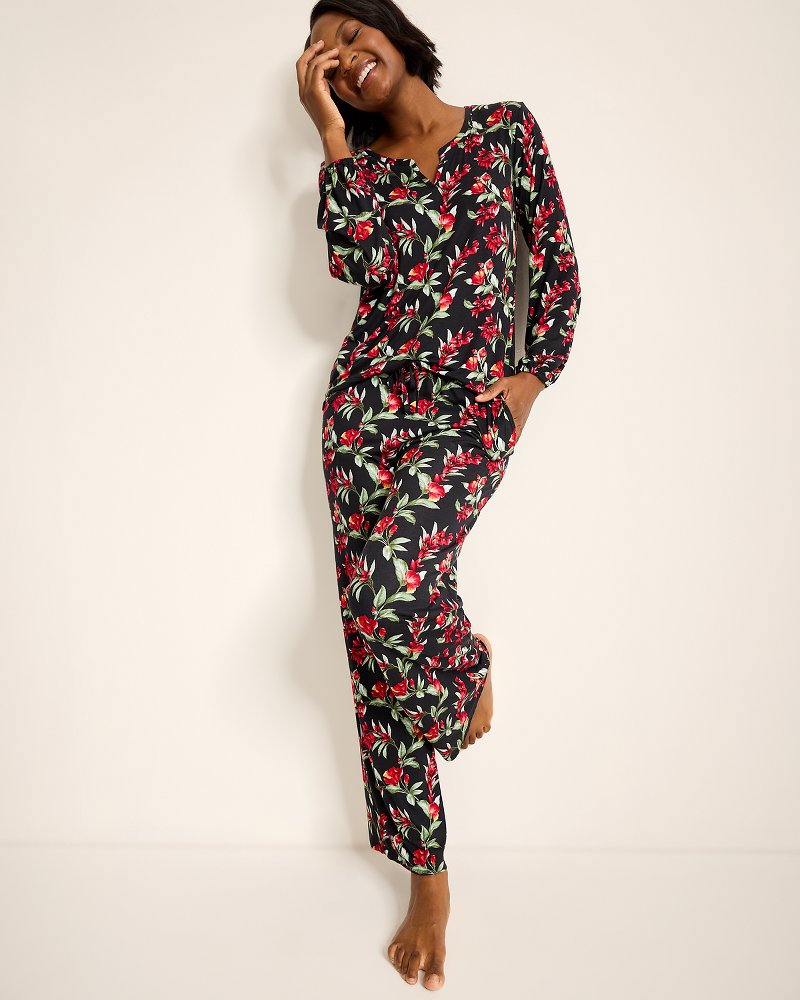 Jersey Split-Neck Long Sleeve & Pants Pajama Set