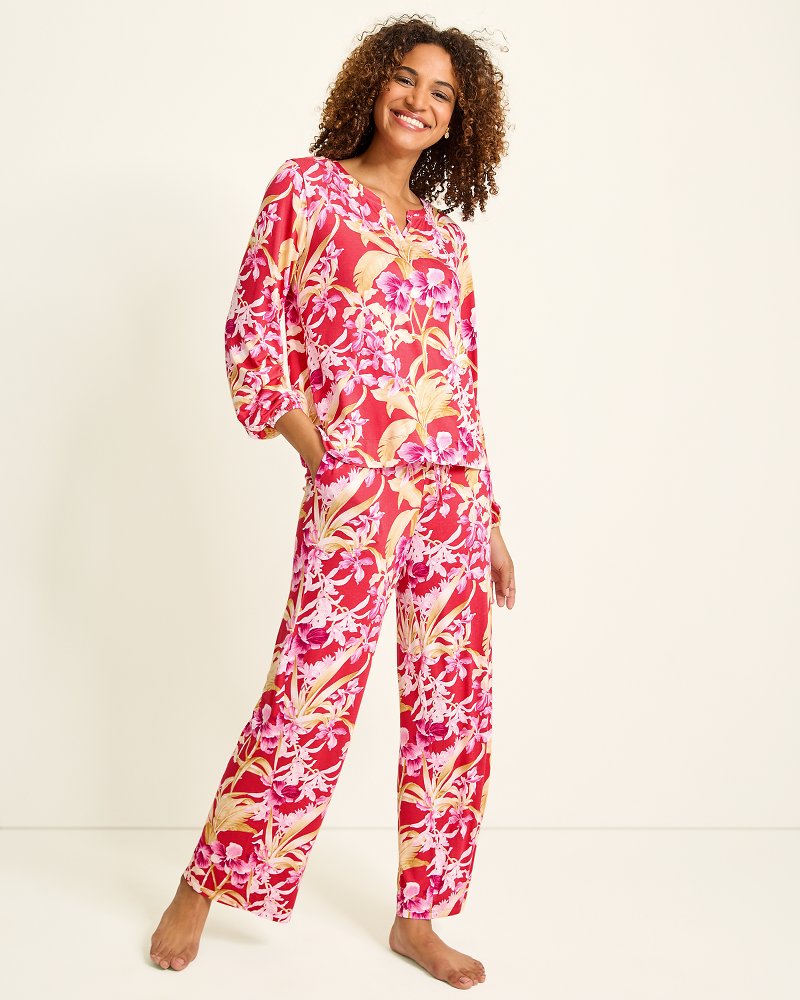 Jersey Split-Neck Long Sleeve & Pants Pajama Set thumbnail 2