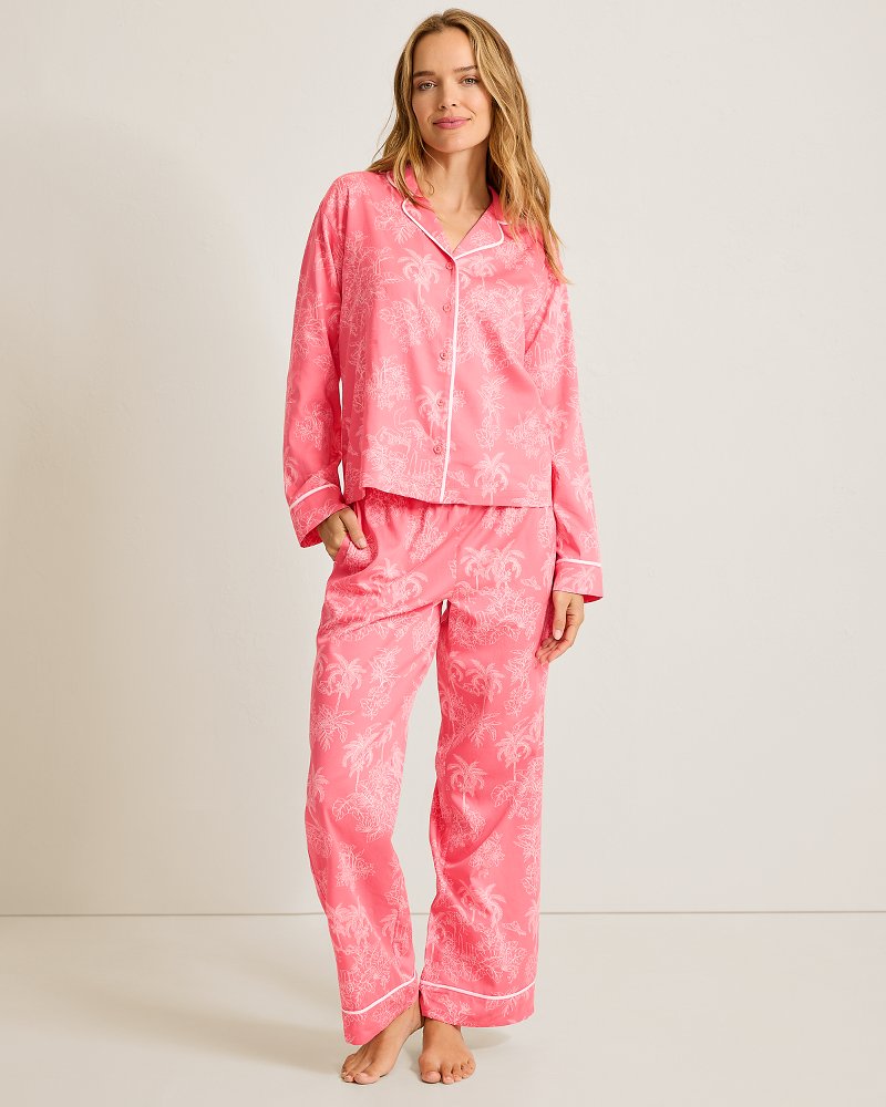 Woven Sateen Long-Sleeve Shirt & Pants Pajama Set