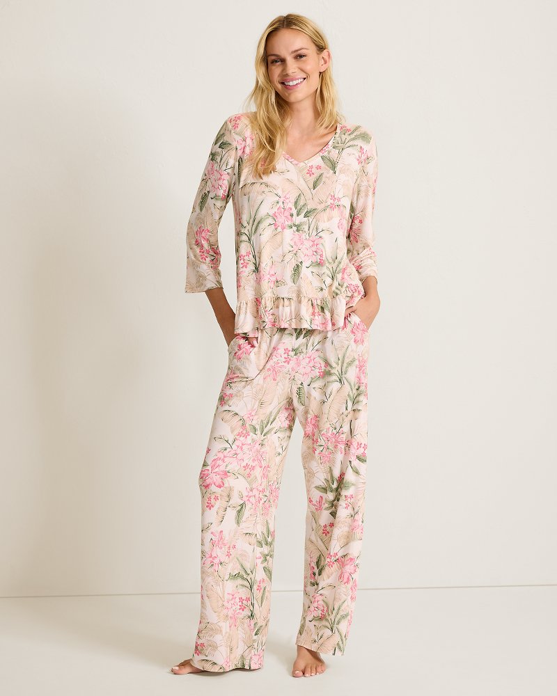 Jersey 3/4-Sleeve Top & Printed Pants Pajama Set
