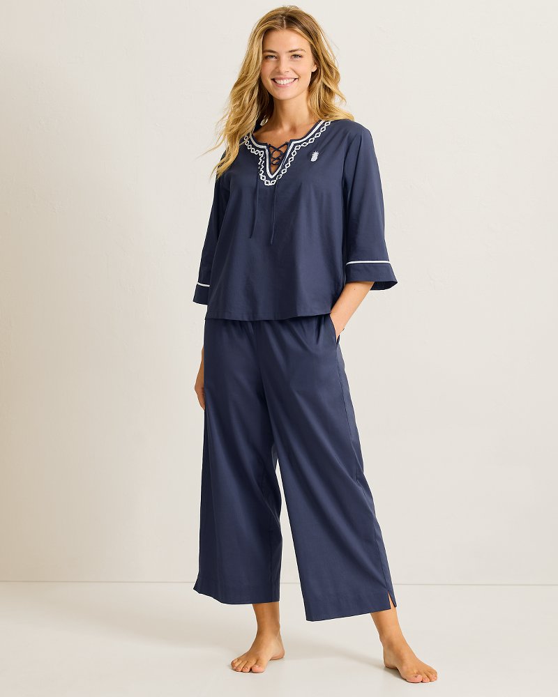 Woven 3/4-Sleeve Top & Cropped Pants Pajama Set