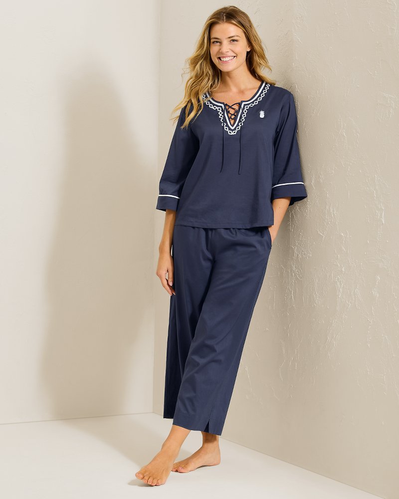 Woven 3/4-Sleeve Top & Cropped Pants Pajama Set